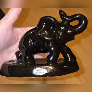 Vintage 1950 Pen Holder Black glazed Pottery Elephant Figurine